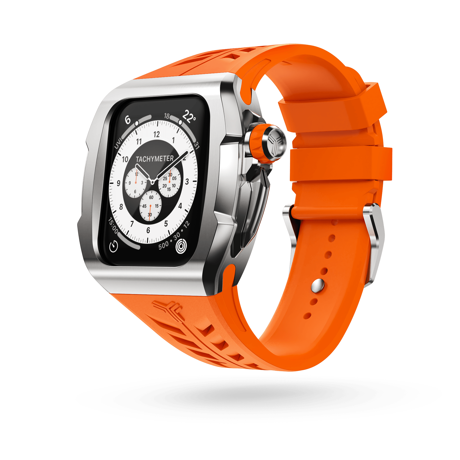 Discover the essence of style and innovation with the Y24 Shibuya Apple Watch Case - 45mm. A Stainless steel case combined with a vibrant orange strap.