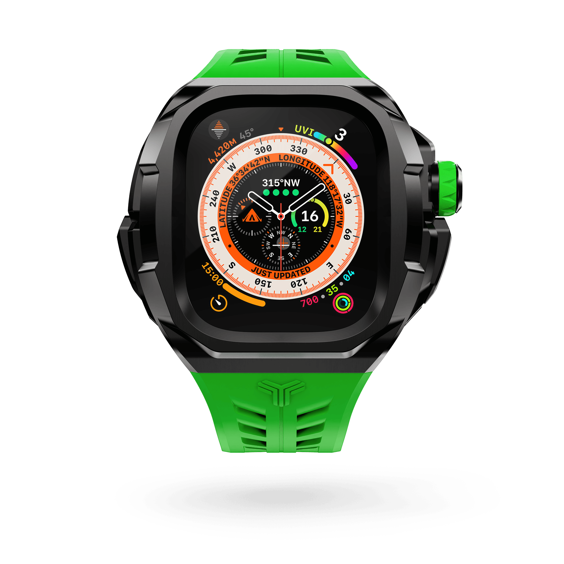 Y24 Pigalle Apple Watch Ultra Case. The image showcases the vibrant green strap gracefully intertwining with the sleek black bezel, exemplifying the perfect blend of vibrancy and sophistication. 