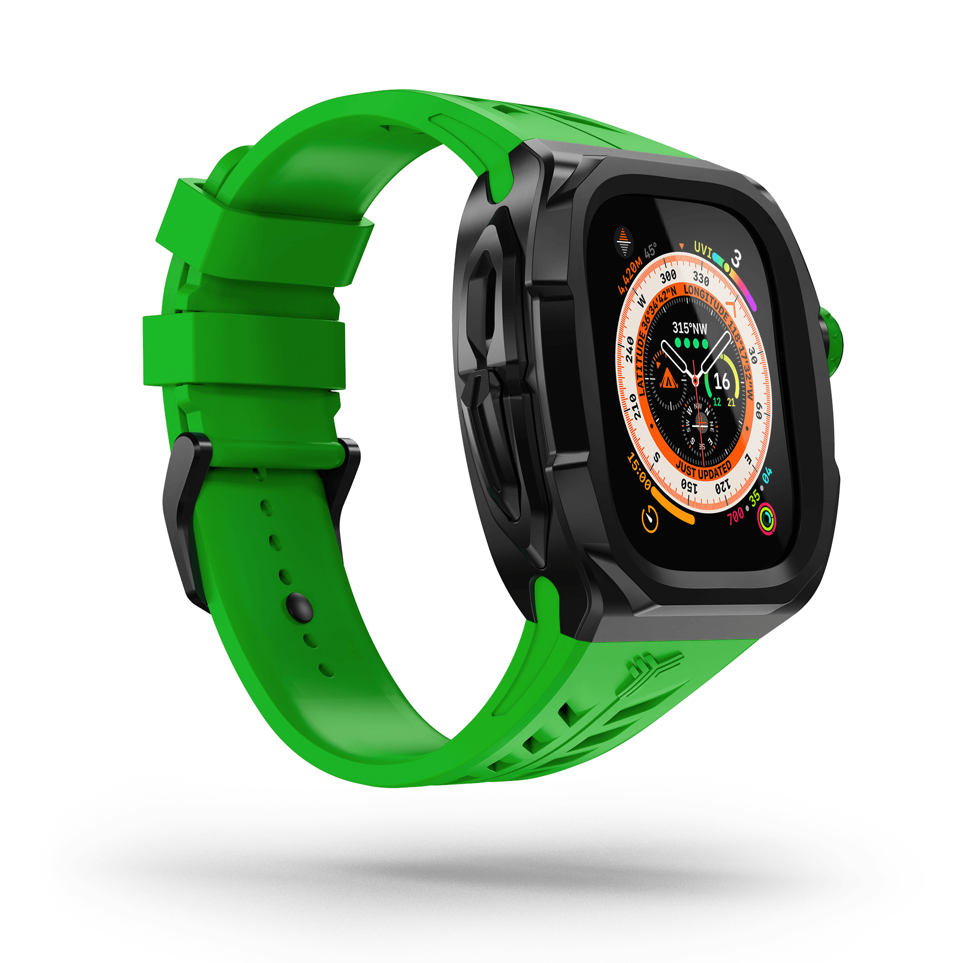 Y24 Pigalle Apple Watch Ultra Case. The image showcases the vibrant green strap gracefully intertwining with the sleek black bezel, exemplifying the perfect blend of vibrancy and sophistication. 