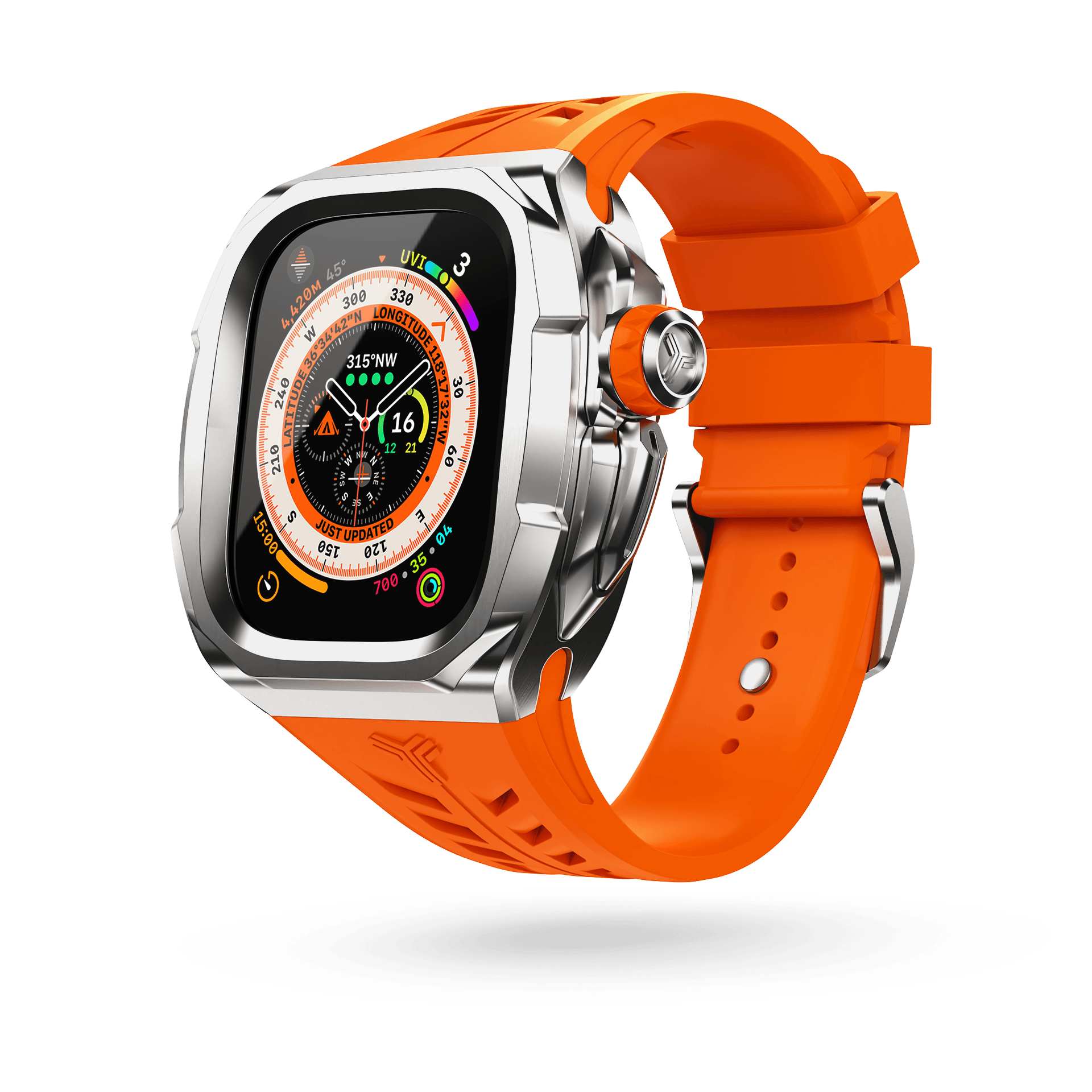 Y24 Shibuya 49mm Apple Watch Ultra Case. The image features a vibrant warning orange strap beautifully complemented by a sleek stainless steel bezel. 