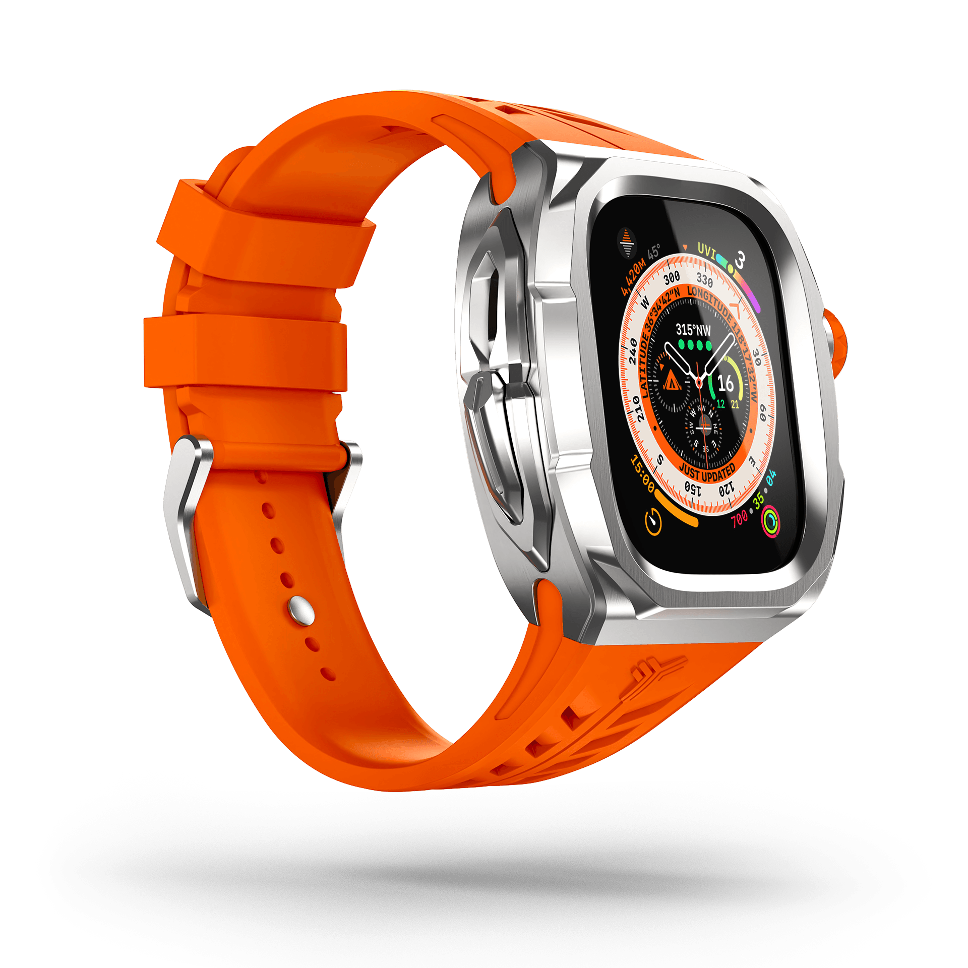 Y24 Shibuya 49mm Apple Watch Ultra Case. The image features a vibrant warning orange strap beautifully complemented by a sleek stainless steel bezel. 